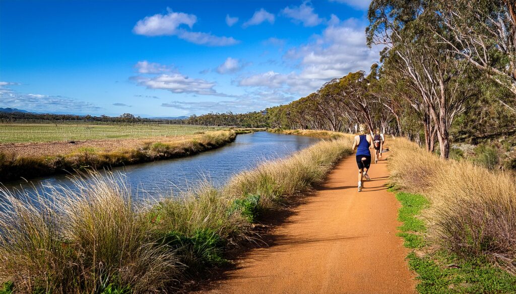 People running along a river