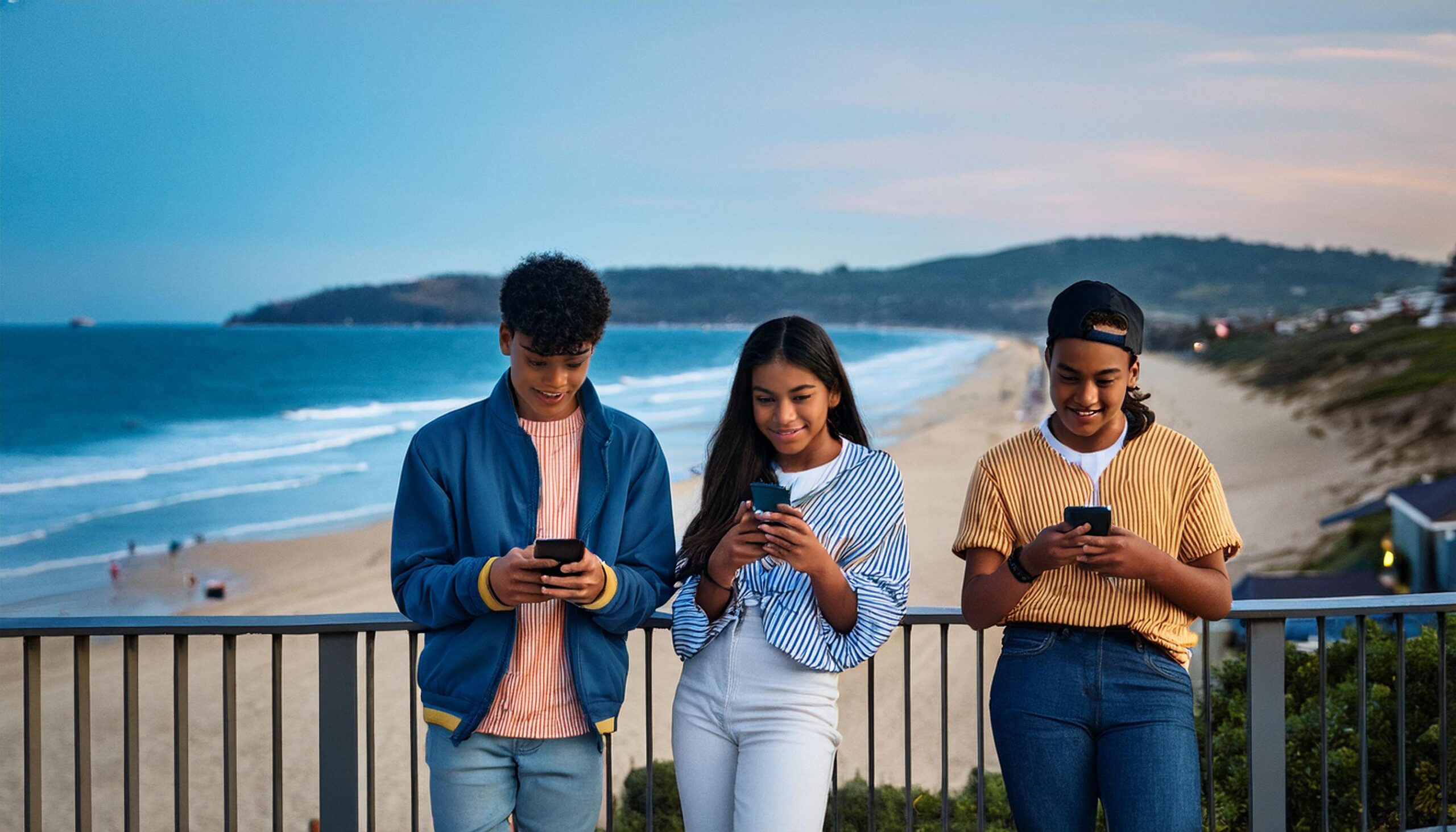 teenagers using phones near newcastle beach