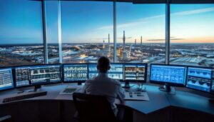 operator in control room looking at screens