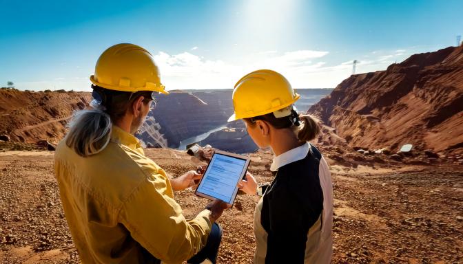 Miners holding an ipad looking at a report